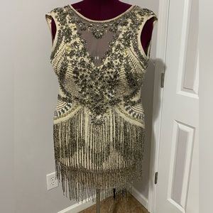 Bronze Fringe Dress Fully Beaded Plus Size 14 prom homecoming cocktail bridal